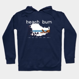 Our beach bum list: snack, drink, chess, cards, and a dog Hoodie